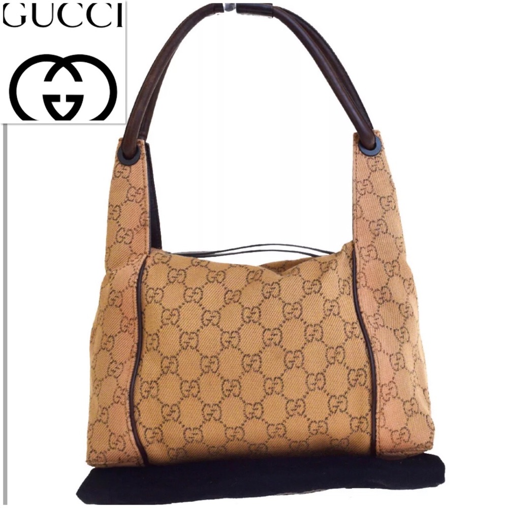 👜 GUCCI Shoulder Bag Logo Beige Canvas Leather